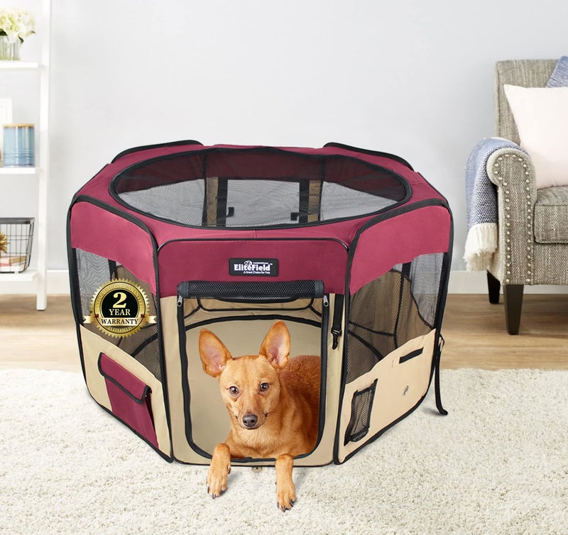 EliteField 2-Door Soft Pet Playpen (2 Year Warranty), Exercise Pen, Multiple Sizes and Colors Available for Dogs, Cats and Other Pets (30" x 30" x 20"H, Maroon+Beige) - Image 2